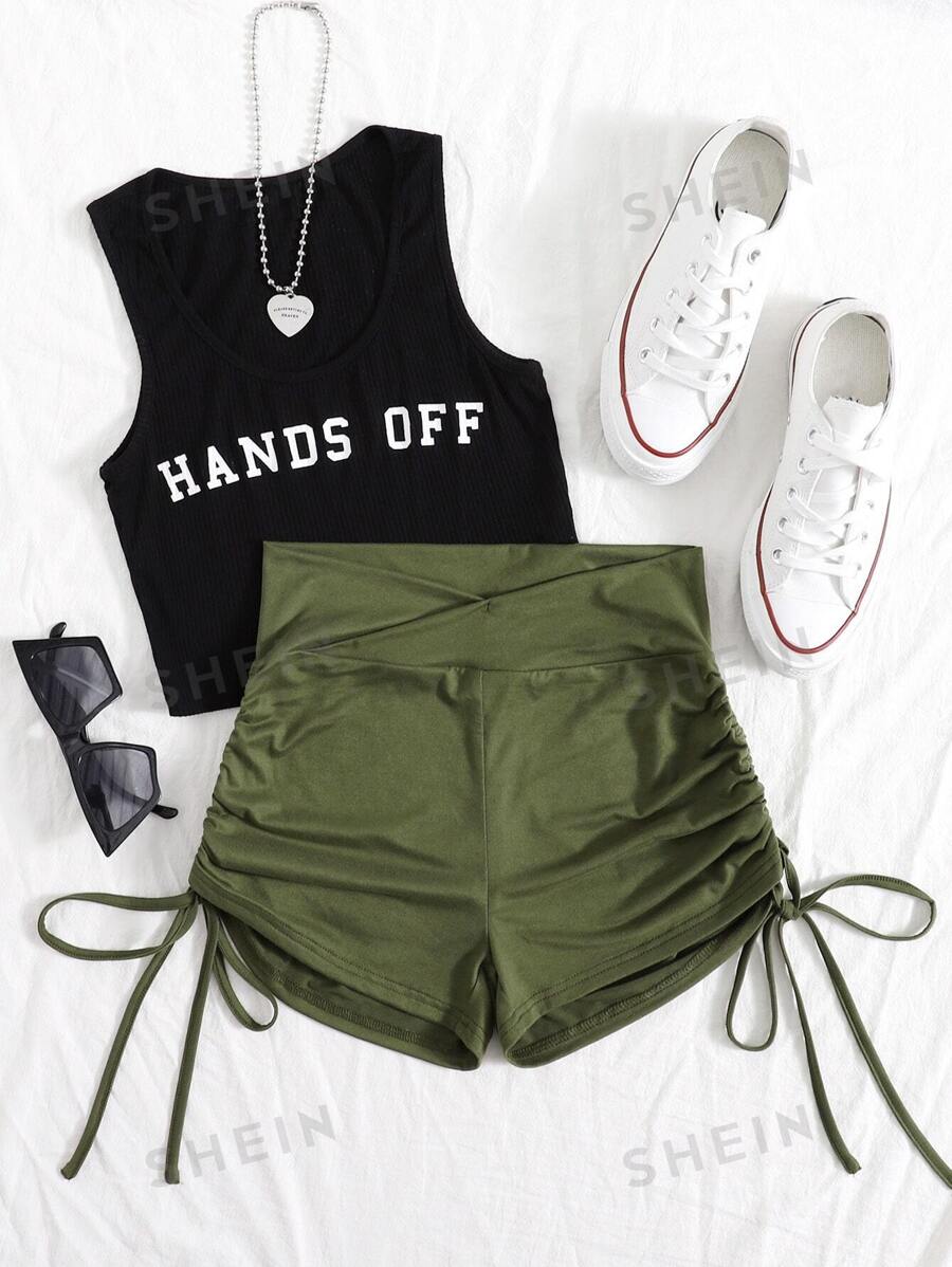 SHEIN Unity Tank Top mit Buchstaben Grafik & Shorts mit Schnürung und Knoten - Armeegrün - Übersicht 1