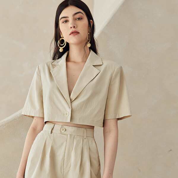 

Notched Collar Single Button Blazer, Beige