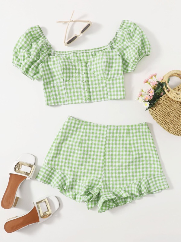 SHEIN WYWH Gingham Puff Sleeve Top & Ruffle Hem Shorts Set | SHEIN UK