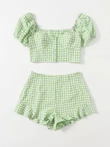 Soleia Conjunto top de manga farol de guingán con shorts bajo con fruncido - Verde Lima - Ver 4