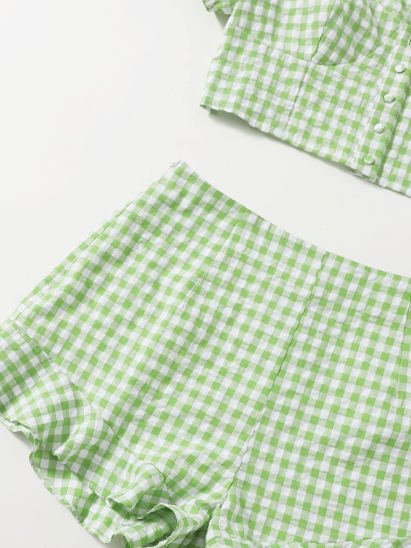 SHEIN WYWH Gingham Puff Sleeve Top & Ruffle Hem Shorts Set | SHEIN UK