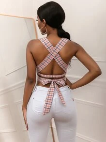 SHEIN SXY 格紋鏤空後繫帶短版上衣 - 藕粉色 - 查看 2