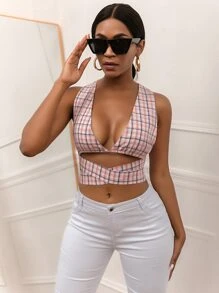 SHEIN SXY 格紋鏤空後繫帶短版上衣 - 藕粉色 - 查看 3