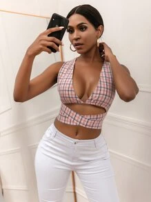 SHEIN SXY 格紋鏤空後繫帶短版上衣 - 藕粉色 - 查看 6