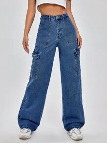 High Waist Flap Pocket Wide Leg Jeans - Dark Wash - View 1