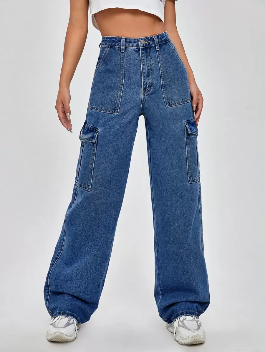 High Waist Flap Pocket Wide Leg Jeans - Dark Wash - View 1