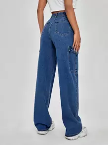 High Waist Flap Pocket Wide Leg Jeans - Dark Wash - View 2