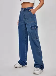High Waist Flap Pocket Wide Leg Jeans - Dark Wash - View 3