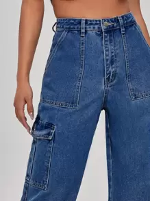 High Waist Flap Pocket Wide Leg Jeans - Dark Wash - View 4