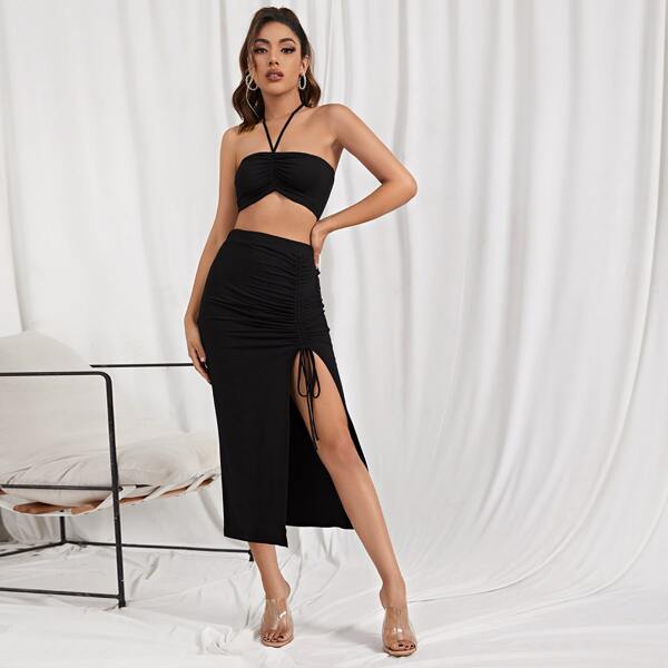 

Self Tie Halter Top & Ruched Drawstring Split Thigh Skirt Set, Black