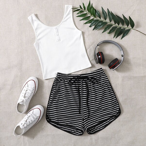 

Rib-knit Tank Top & Stripe Drawstring Shorts, Black and white
