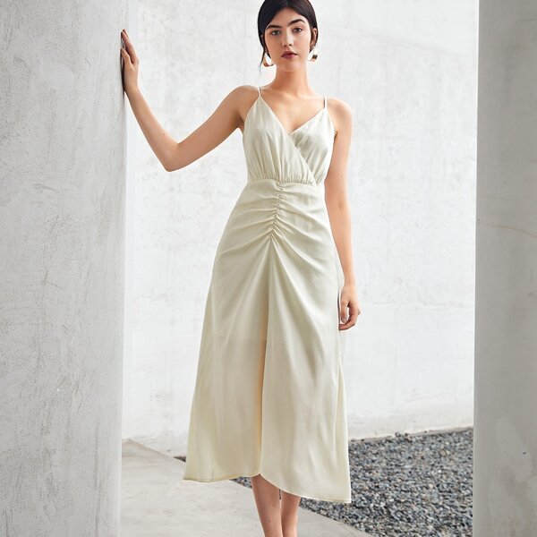 

Ruched Front Solid Cami Dress, Beige