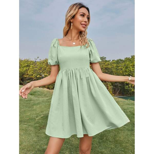 

Puff Sleeve Square Neck A-line Dress, Mint green