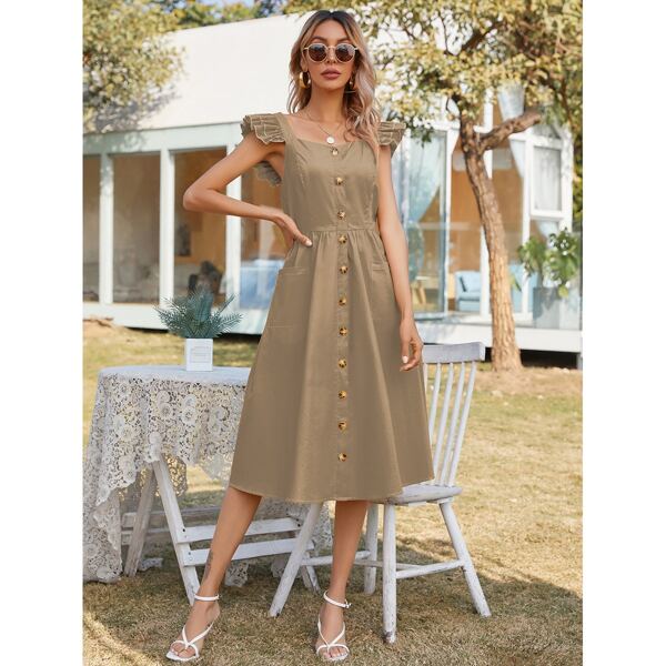

Button Front Dual Pocket Ruffle Trim A-line Dress, Khaki
