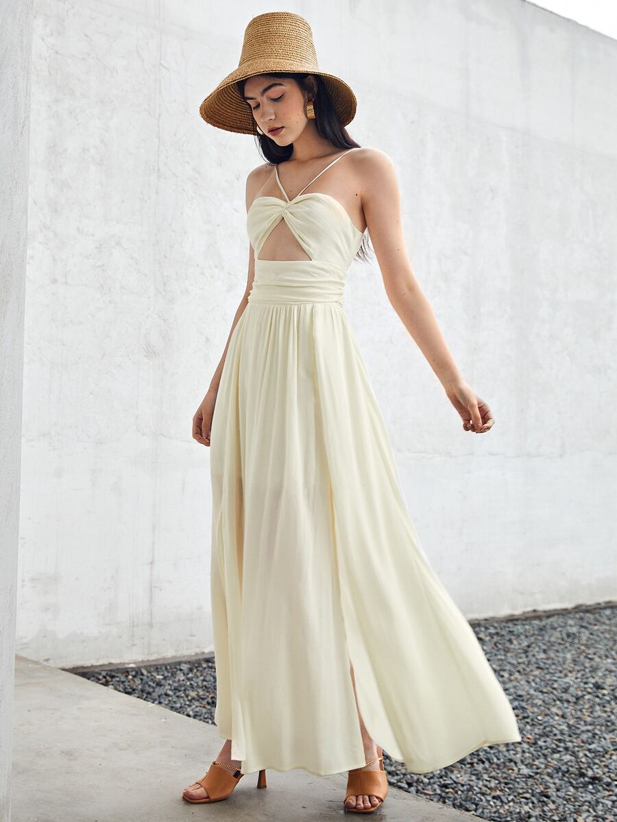 SHEIN Ruched Bust Cutout Front Tie Backless Dress - Apricot - View 1