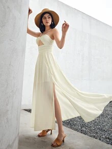 SHEIN Ruched Bust Cutout Front Tie Backless Dress - Apricot - View 3