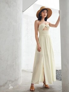 SHEIN Ruched Bust Cutout Front Tie Backless Dress - Apricot - View 4