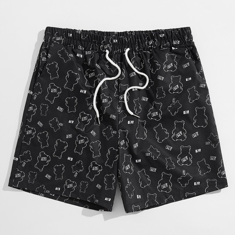 

Guys Letter Cartoon Bear Print Shorts, Black