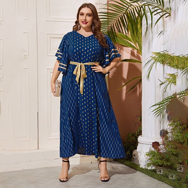 

Plus Striped & Geo Print Self Tie A-line Dress, Navy blue