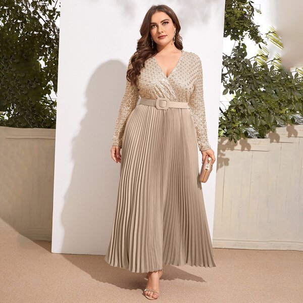 

Plus Contrast Mesh Pleated Belted Dress, Apricot
