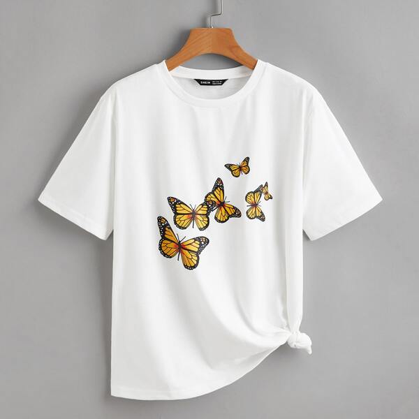 

Butterfly Print Crew Neck Tee, White