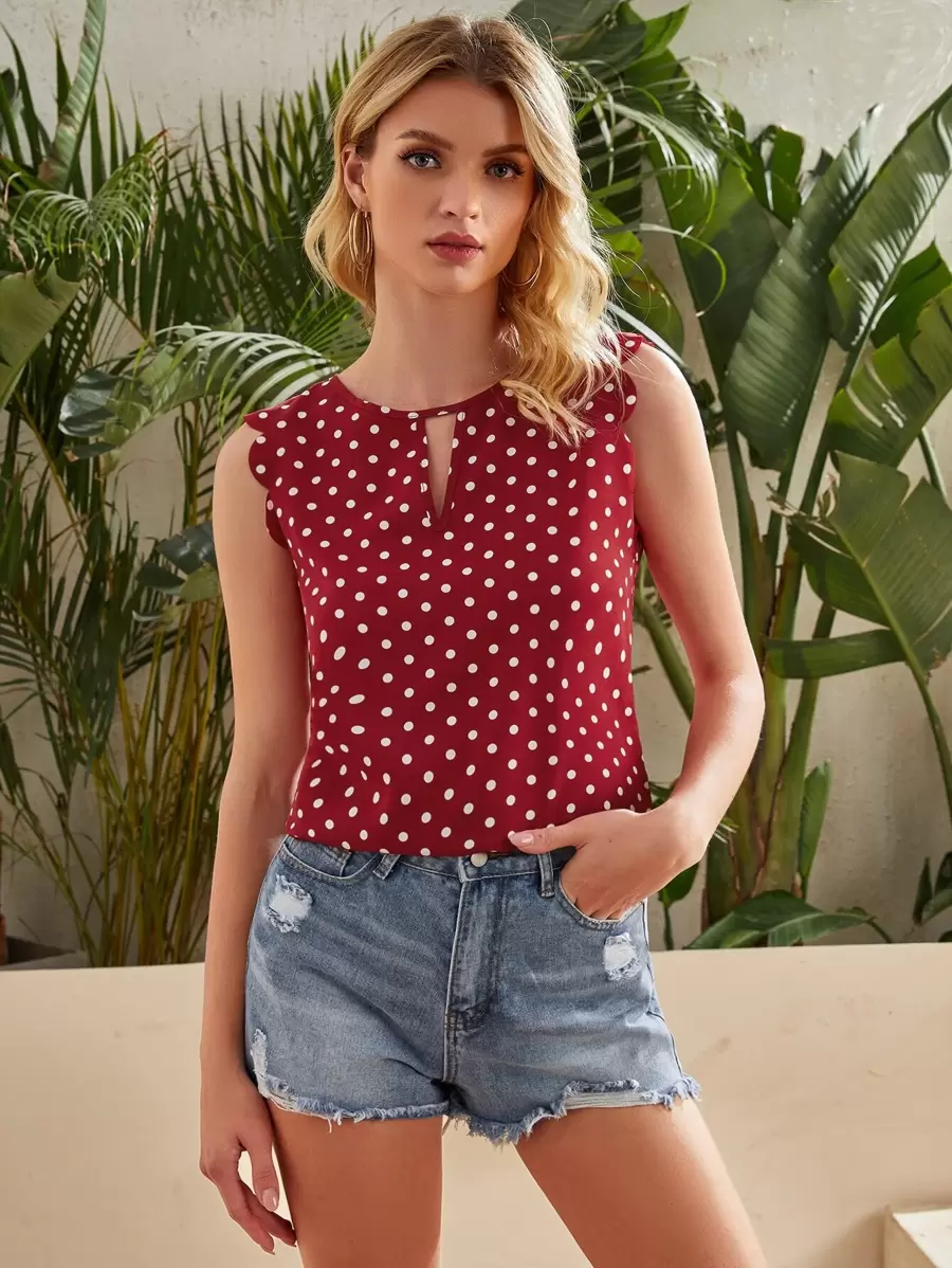 SHEIN Clasi Keyhole Neck Scallop Edge Polka Dot Top - Burgundy - View 1