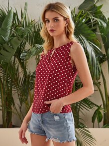 SHEIN Clasi Keyhole Neck Scallop Edge Polka Dot Top - Burgundy - View 3