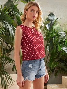 SHEIN Clasi Keyhole Neck Scallop Edge Polka Dot Top - Burgundy - View 4