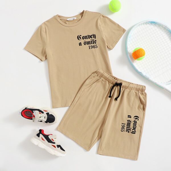 

Boys Letter Graphic Tee And Shorts Set, Khaki