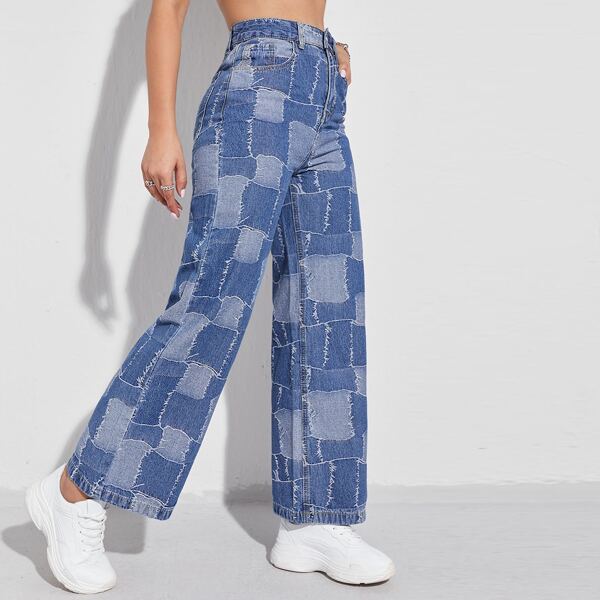 

Patchwork Wide Leg Jeans, Medium wash
