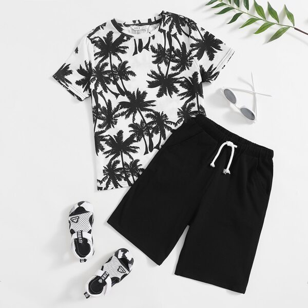 

Boys Tropical Print Tee And Shorts Set, Black and white