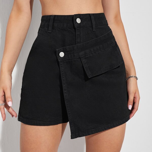 

High Waist Asymmetrical Denim Skort, Black