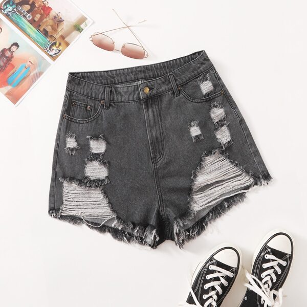 

Plus Raw Hem Ripped Denim Shorts, Dark grey