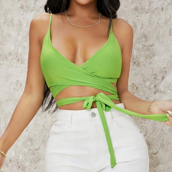 

Wraparound Self-Tie Cropped Cami Top, Lime green