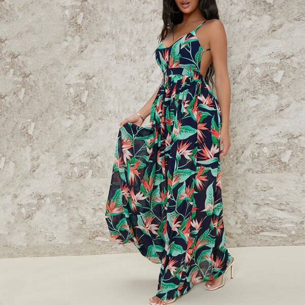 

Tropical Birds-of-Paradise Floral Print Cami Maxi Dress, Multicolor