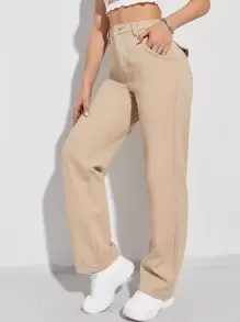 SHEIN EZwear High Waist Straight Leg Jeans - Khaki - View 3