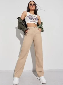 SHEIN EZwear High Waist Straight Leg Jeans - Khaki - View 4