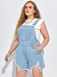 Shorts overol mezclilla desgarro bajo crudo - Lavado ligero - Ver 1