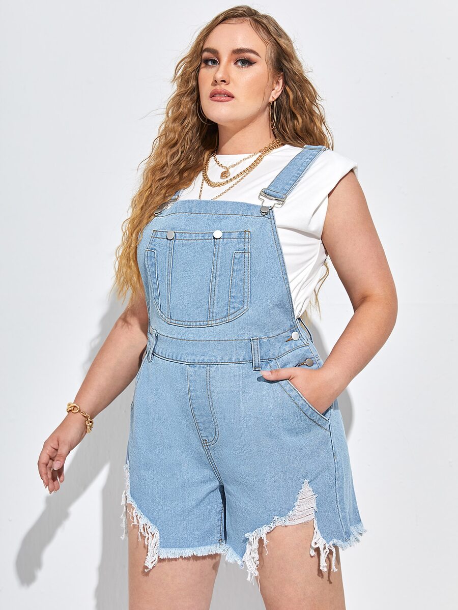 Shorts overol mezclilla desgarro bajo crudo - Lavado ligero - Ver 1