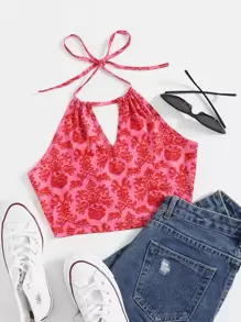 Soleia 自繫帶印花繞頸上衣 - 粉色 - 查看 1