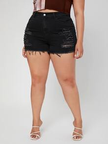 SHEIN SXY Quần short denim oversized Nút màu trơn - màu đen - Xem 4