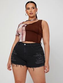 SHEIN SXY Quần short denim oversized Nút màu trơn - màu đen - Xem 5