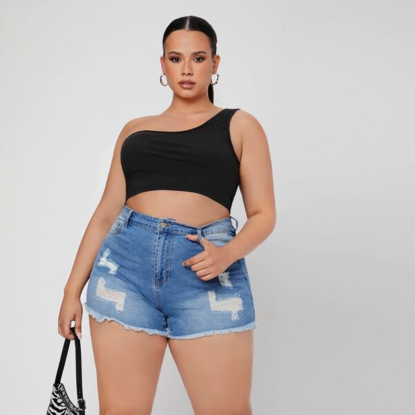 

Plus Light Wash Ripped Detail Denim Shorts, Medium wash