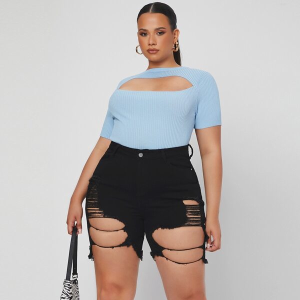 

Plus Ripped Detail Denim Shorts, Black