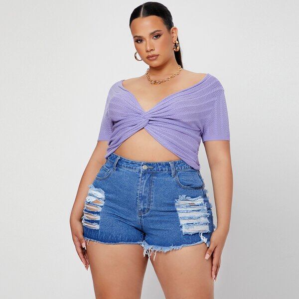 

Plus Raw Hem Ripped Denim Shorts, Medium wash
