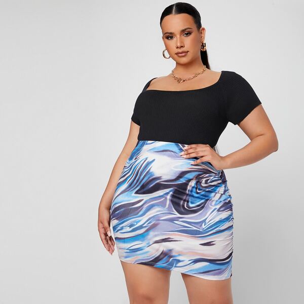 

Plus Graphic Print Bodycon Skirt, Multicolor