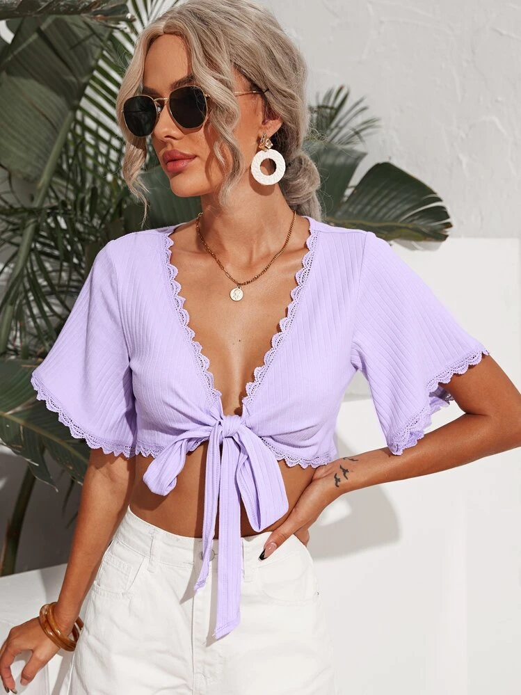 SHEIN Lace Trim Tie Front Bell Sleeve Top - Lilac Purple - View 1