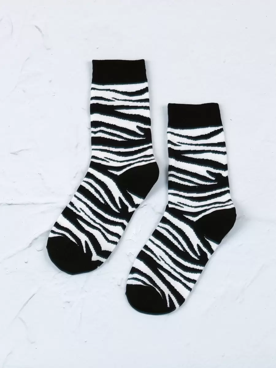 Zebra Striped Crew Socks - Black and White - View 1