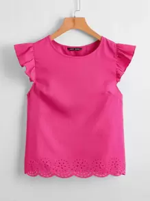 SHEIN Clasi Ruffle Trim Laser Cut Top - Hot Pink - View 2