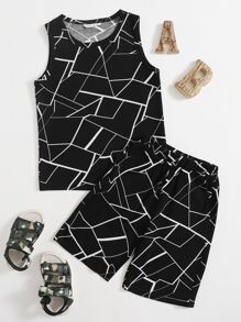 SHEIN Boys Geo Tank Top & Shorts Set - Black - View 1